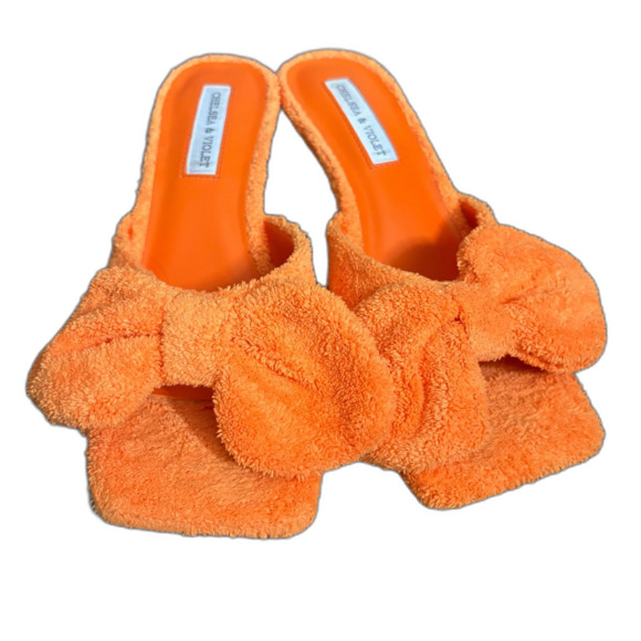 Chelsea & Violet Paris Orange Terry Cloth Bow Heel Sandals Square Toe Size 7.5 - Picture 2 of 7